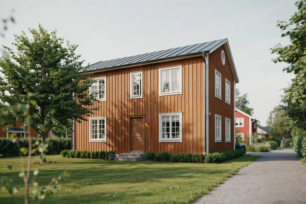 tr fasad behandlad med roslagsmahogny p villa i sundborn